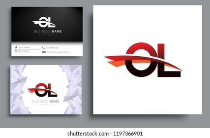 Clean and simple modern business card Business Card Template, initial letter OL logotype company name colored black and red swoosh design. Vector sets for business identity