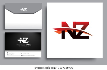 Clean and simple modern business card Business Card Template, initial letter NZ logotype company name colored black and red swoosh design. Vector sets for business identity