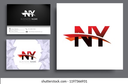 Clean and simple modern business card Business Card Template, initial letter NY logotype company name colored black and red swoosh design. Vector sets for business identity