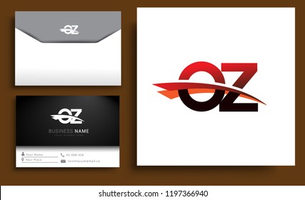 Clean and simple modern business card Business Card Template, initial letter OZ logotype company name colored black and red swoosh design. Vector sets for business identity