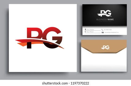 Clean and simple modern business card Business Card Template, initial letter PG logotype company name colored black and red swoosh design. Vector sets for business identity