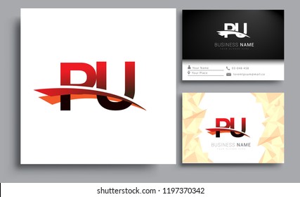 Clean and simple modern business card Business Card Template, initial letter PU logotype company name colored black and red swoosh design. Vector sets for business identity