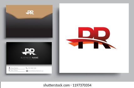 Clean and simple modern business card Business Card Template, initial letter PR logotype company name colored black and red swoosh design. Vector sets for business identity