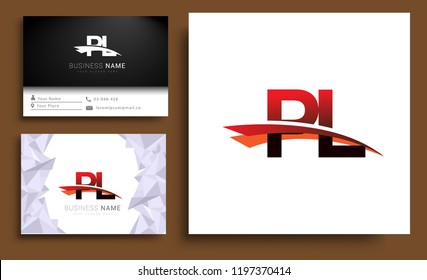 Clean and simple modern business card Business Card Template, initial letter PL logotype company name colored black and red swoosh design. Vector sets for business identity