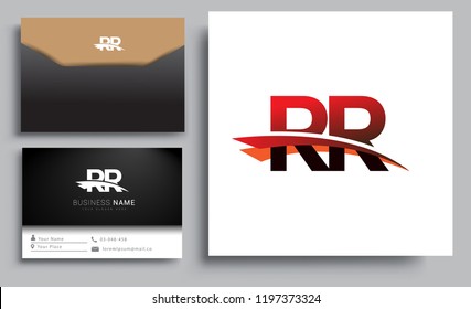 Clean and simple modern business card Business Card Template, initial letter RR logotype company name colored black and red swoosh design. Vector sets for business identity