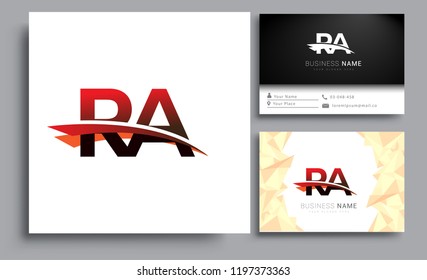 Clean and simple modern business card Business Card Template, initial letter RA logotype company name colored black and red swoosh design. Vector sets for business identity