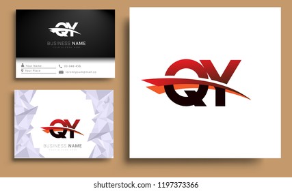 Clean and simple modern business card Business Card Template, initial letter QY logotype company name colored black and red swoosh design. Vector sets for business identity