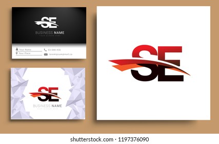 Clean and simple modern business card Business Card Template, initial letter SE logotype company name colored black and red swoosh design. Vector sets for business identity