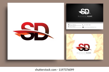 Clean and simple modern business card Business Card Template, initial letter SD logotype company name colored black and red swoosh design. Vector sets for business identity