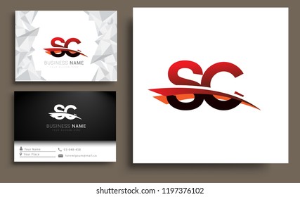 Clean and simple modern business card Business Card Template, initial letter SC logotype company name colored black and red swoosh design. Vector sets for business identity