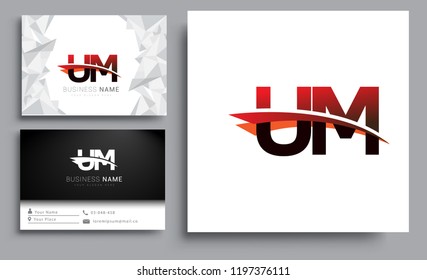 Clean and simple modern business card Business Card Template, initial letter UM logotype company name colored black and red swoosh design. Vector sets for business identity