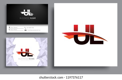 Clean and simple modern business card Business Card Template, initial letter UL logotype company name colored black and red swoosh design. Vector sets for business identity