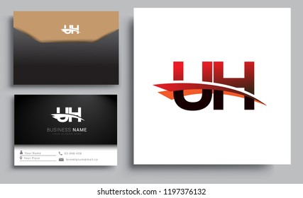 Clean and simple modern business card Business Card Template, initial letter UH logotype company name colored black and red swoosh design. Vector sets for business identity
