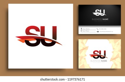 Clean and simple modern business card Business Card Template, initial letter SU logotype company name colored black and red swoosh design. Vector sets for business identity