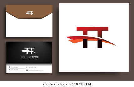 Clean and simple modern business card Business Card Template, initial letter TT logotype company name colored black and red swoosh design. Vector sets for business identity