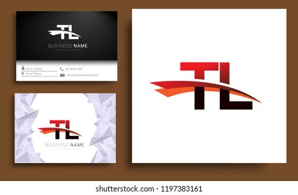 Clean and simple modern business card Business Card Template, initial letter TL logotype company name colored black and red swoosh design. Vector sets for business identity