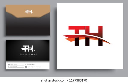 Clean and simple modern business card Business Card Template, initial letter TH logotype company name colored black and red swoosh design. Vector sets for business identity