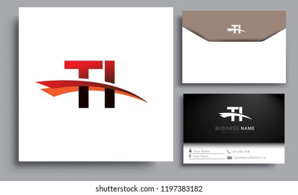 Clean and simple modern business card Business Card Template, initial letter TI logotype company name colored black and red swoosh design. Vector sets for business identity