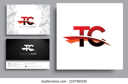 Clean and simple modern business card Business Card Template, initial letter TC logotype company name colored black and red swoosh design. Vector sets for business identity