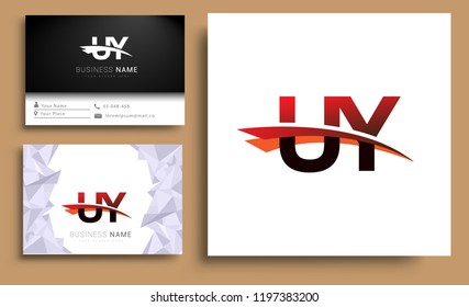 Clean and simple modern business card Business Card Template, initial letter UY logotype company name colored black and red swoosh design. Vector sets for business identity
