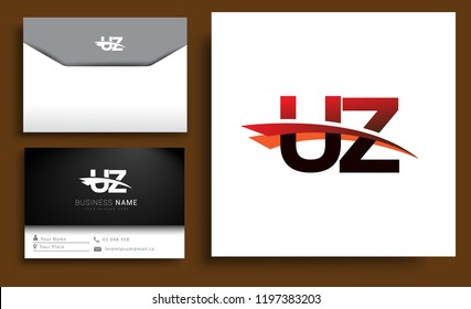 Clean and simple modern business card Business Card Template, initial letter UZ logotype company name colored black and red swoosh design. Vector sets for business identity