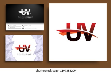 Clean and simple modern business card Business Card Template, initial letter UV logotype company name colored black and red swoosh design. Vector sets for business identity
