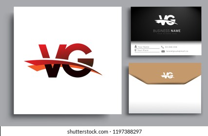 Clean and simple modern business card Business Card Template, initial letter VG logotype company name colored black and red swoosh design. Vector sets for business identity