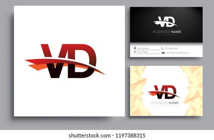 Clean and simple modern business card Business Card Template, initial letter VD logotype company name colored black and red swoosh design. Vector sets for business identity
