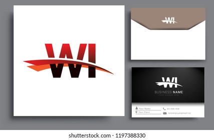 Clean and simple modern business card Business Card Template, initial letter WI logotype company name colored black and red swoosh design. Vector sets for business identity