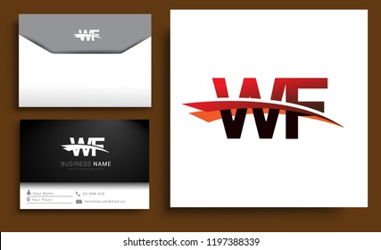 Clean and simple modern business card Business Card Template, initial letter WF logotype company name colored black and red swoosh design. Vector sets for business identity