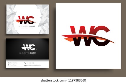 Clean and simple modern business card Business Card Template, initial letter WC logotype company name colored black and red swoosh design. Vector sets for business identity