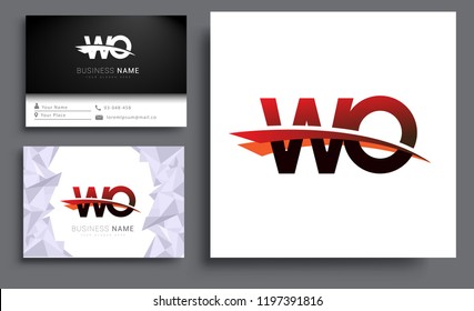 Clean and simple modern business card Business Card Template, initial letter WO logotype company name colored black and red swoosh design. Vector sets for business identity