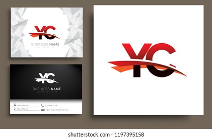 Clean and simple modern business card Business Card Template, initial letter YC logotype company name colored black and red swoosh design. Vector sets for business identity