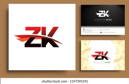 Clean and simple modern business card Business Card Template, initial letter ZK logotype company name colored black and red swoosh design. Vector sets for business identity