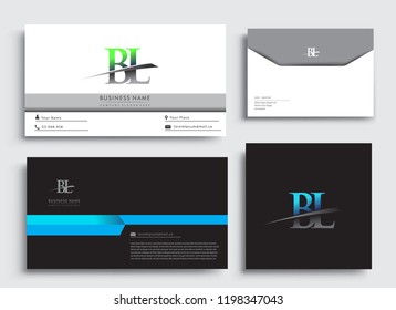 Clean and simple modern Business Card Template, with initial letter BL logotype company name colored blue and green swoosh design. Vector sets for business identity, Stationery Design.