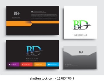 Clean and simple modern Business Card Template, with initial letter BD logotype company name colored blue and green swoosh design. Vector sets for business identity, Stationery Design.