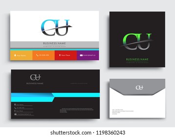 Clean and simple modern Business Card Template, with initial letter CU logotype company name colored blue and green swoosh design. Vector sets for business identity, Stationery Design.