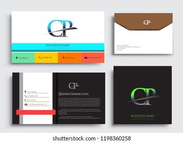 Clean and simple modern Business Card Template, with initial letter CP logotype company name colored blue and green swoosh design. Vector sets for business identity, Stationery Design.