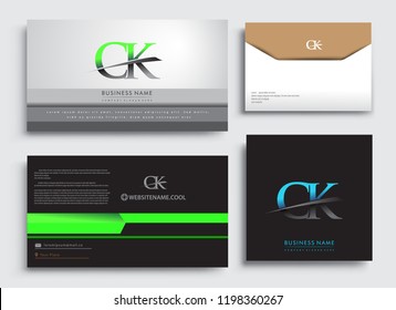 Clean and simple modern Business Card Template, with initial letter CK logotype company name colored blue and green swoosh design. Vector sets for business identity, Stationery Design.