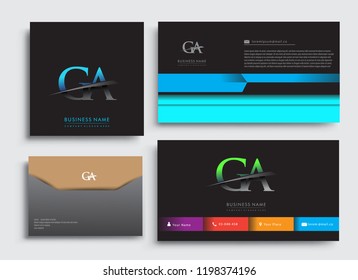 Clean and simple modern Business Card Template, with initial letter GA logotype company name colored blue and green swoosh design. Vector sets for business identity, Stationery Design.