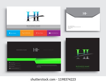 Clean and simple modern Business Card Template, with initial letter HI logotype company name colored blue and green swoosh design. Vector sets for business identity, Stationery Design.