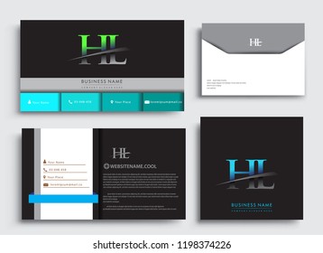 Clean and simple modern Business Card Template, with initial letter HL logotype company name colored blue and green swoosh design. Vector sets for business identity, Stationery Design.