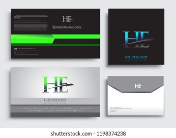 Clean and simple modern Business Card Template, with initial letter HE logotype company name colored blue and green swoosh design. Vector sets for business identity, Stationery Design.