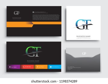 Clean and simple modern Business Card Template, with initial letter GT logotype company name colored blue and green swoosh design. Vector sets for business identity, Stationery Design.