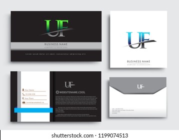 Clean and simple modern Business Card Template, with initial letter UF logotype company name colored blue and green swoosh design. Vector sets for business identity, Stationery Design.
