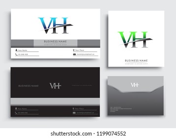 Clean and simple modern Business Card Template, with initial letter VH logotype company name colored blue and green swoosh design. Vector sets for business identity, Stationery Design.
