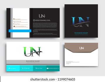 Clean and simple modern Business Card Template, with initial letter UN logotype company name colored blue and green swoosh design. Vector sets for business identity, Stationery Design.
