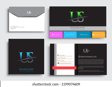 Clean and simple modern Business Card Template, with initial letter US logotype company name colored blue and green swoosh design. Vector sets for business identity, Stationery Design.
