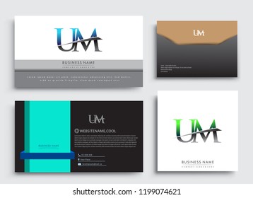 Clean and simple modern Business Card Template, with initial letter UM logotype company name colored blue and green swoosh design. Vector sets for business identity, Stationery Design.
