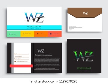 Clean and simple modern Business Card Template, with initial letter WZ logotype company name colored blue and green swoosh design. Vector sets for business identity, Stationery Design.